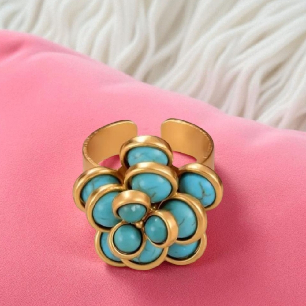 Elegant 18k Gold Plated and Turquoise Flower Cluster Adjustable Ring